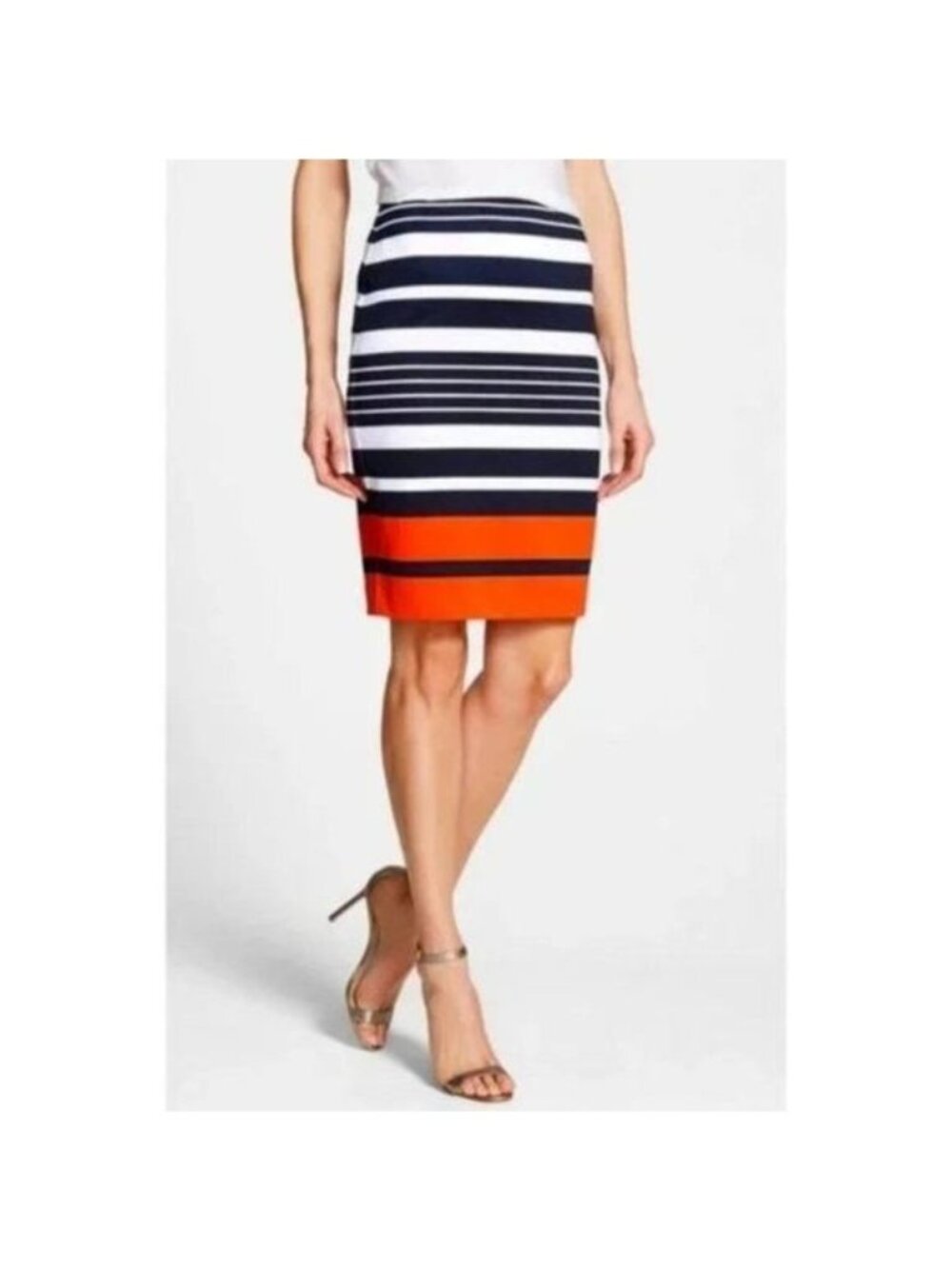 Michael Kors Navy White and Melon Striped Pencil Skirt 14